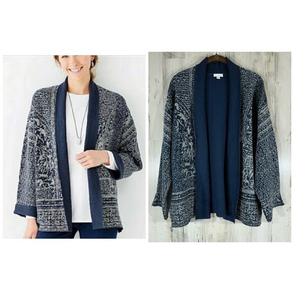 PureJill J Jill Artisanal Jacquard Cardigan Sweater Small Open Front Blue Gray - Picture 1 of 9